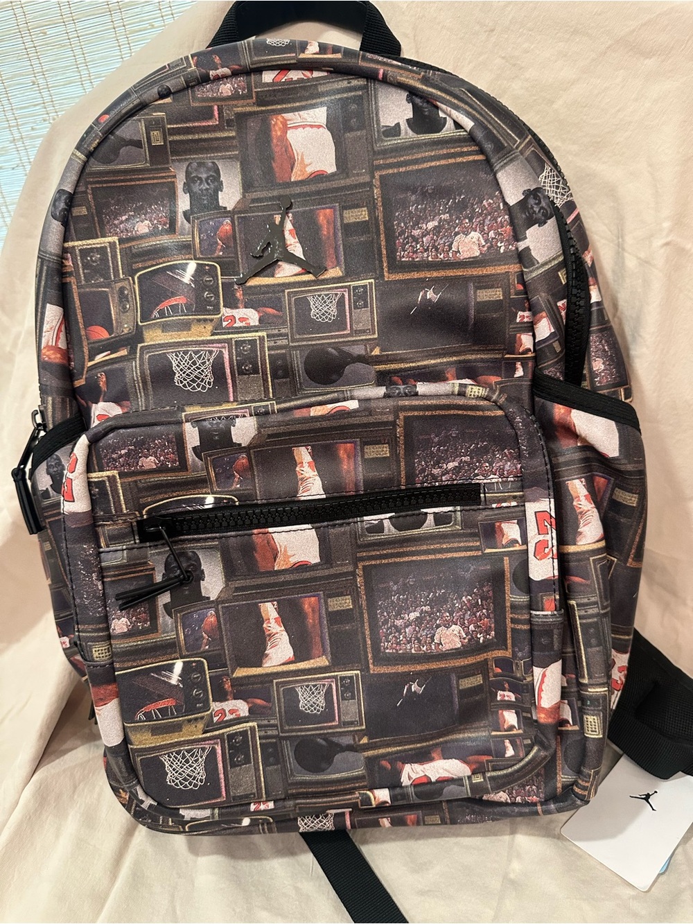 Jordan Graphic Basketball Print Backpack in Black and Brown Tones